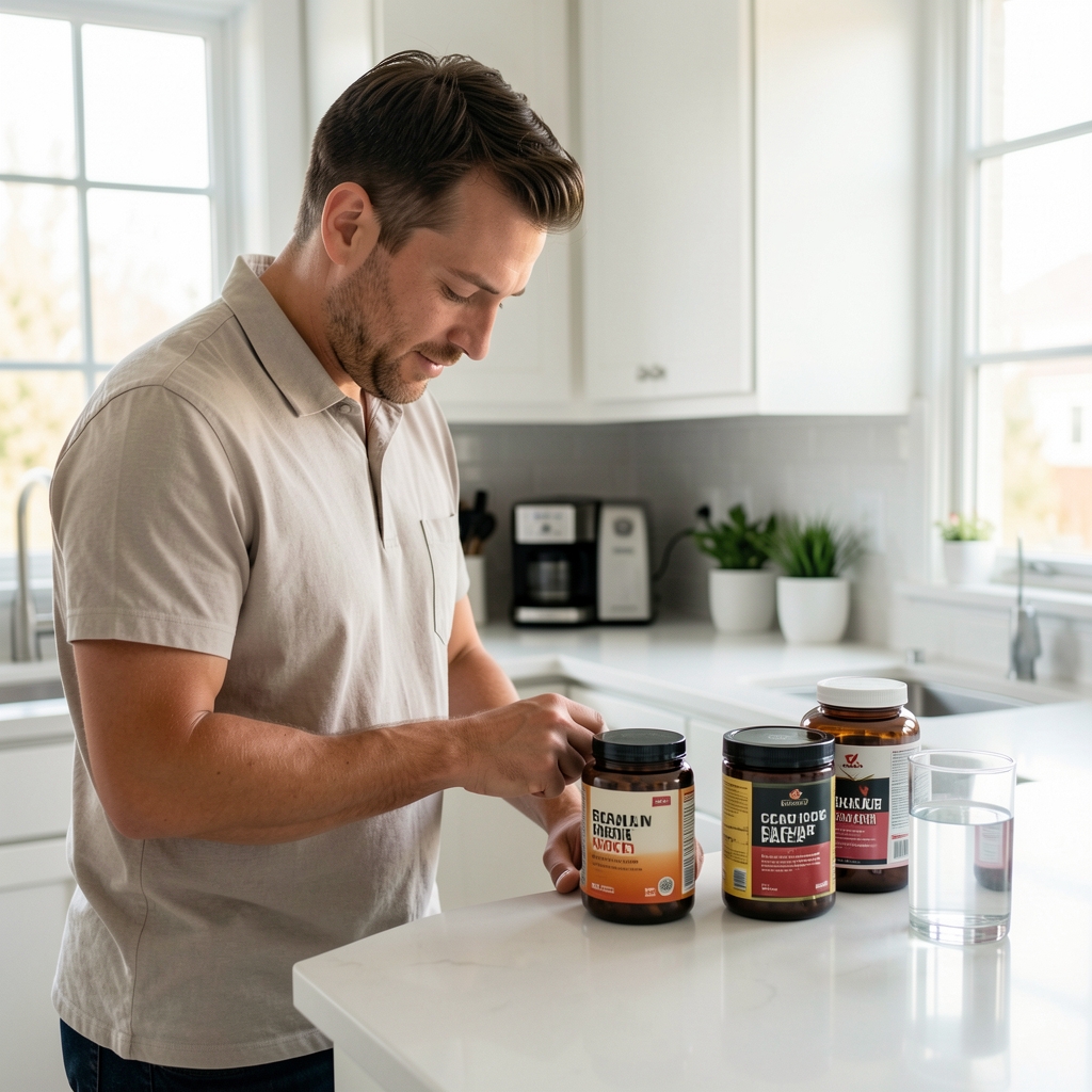 Man preparing morning routine at a clean kitchen counter with supplement containers and a glass of water, natural ambient light