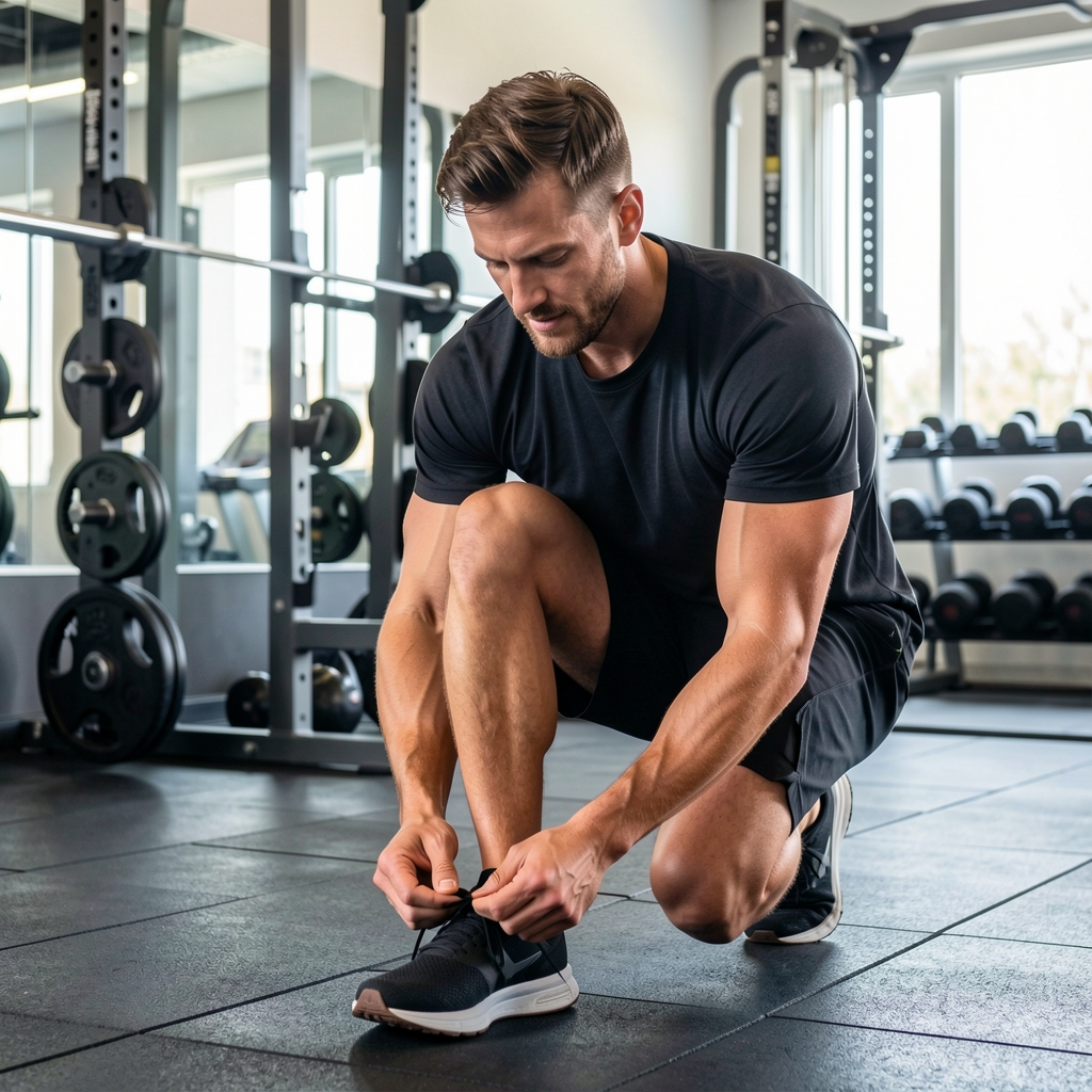 Active man in a gym setting tying laces, resistance training equipment visible in the background, editorial lifestyle photography