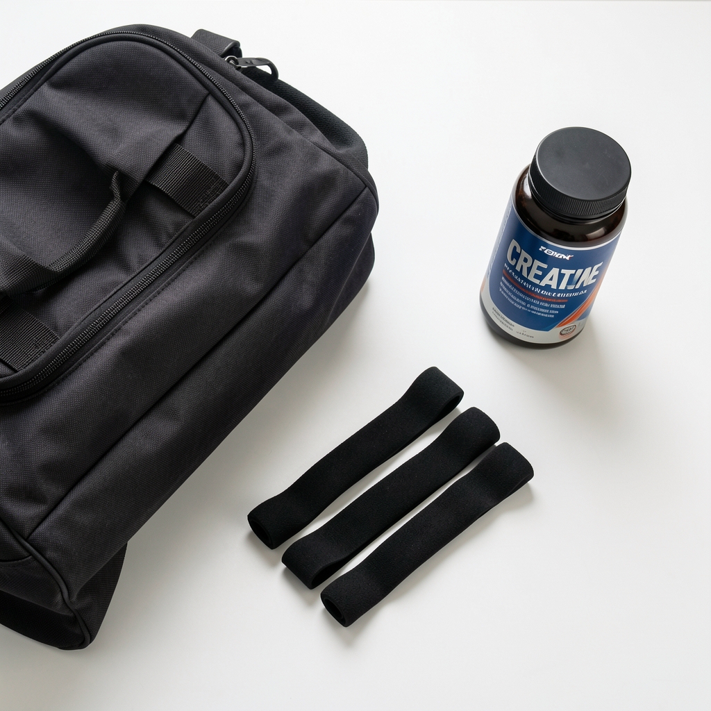 Gym bag, resistance bands, and a creatine container arranged on a clean white surface, overhead editorial composition