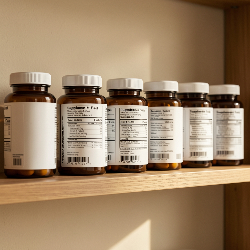 Supplement labels on a shelf arranged in a row, editorial composition with natural ambient light and neutral warm background