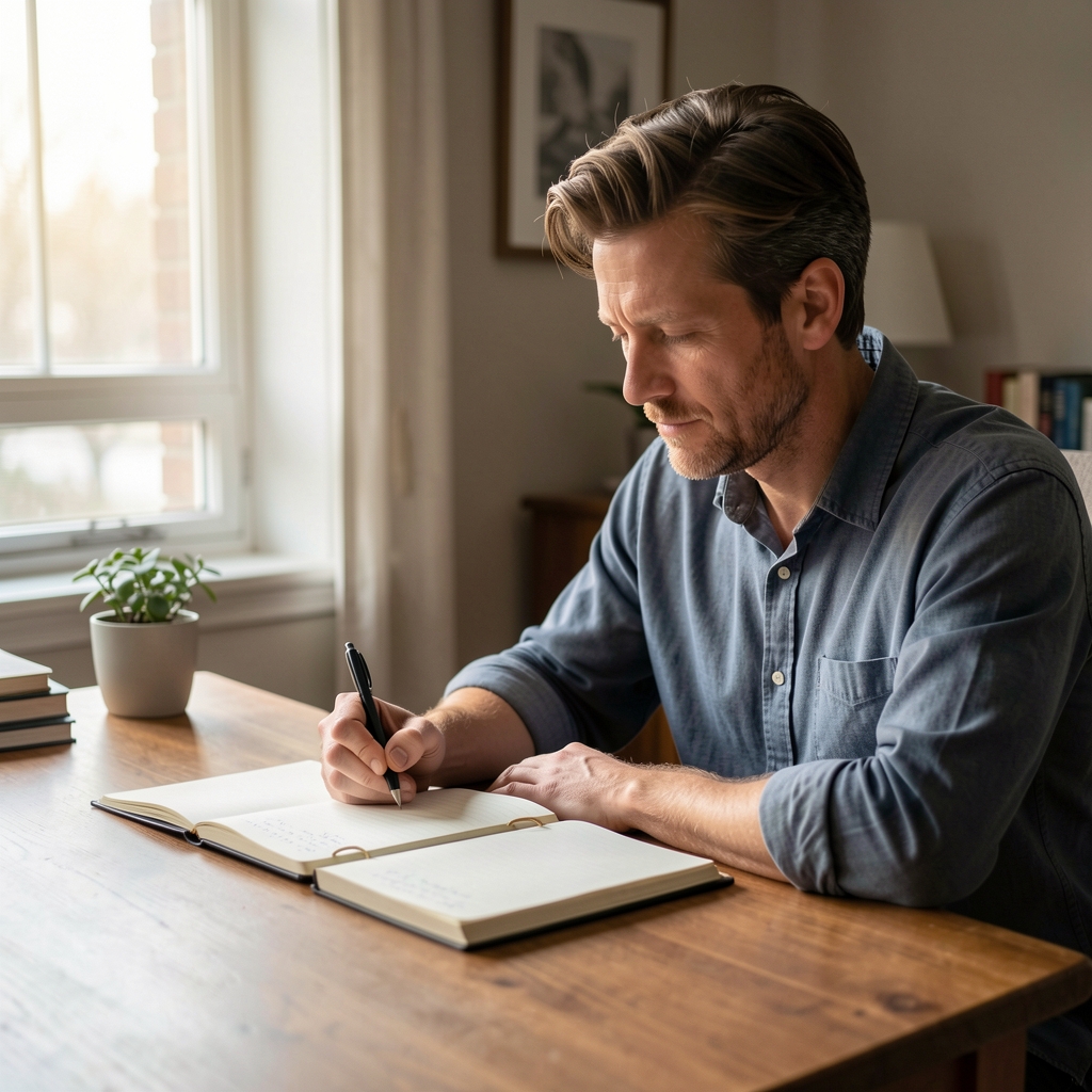 Man journalling at a desk with a notebook and pen, morning light from a window, soft ambient indoor lighting, editorial composition